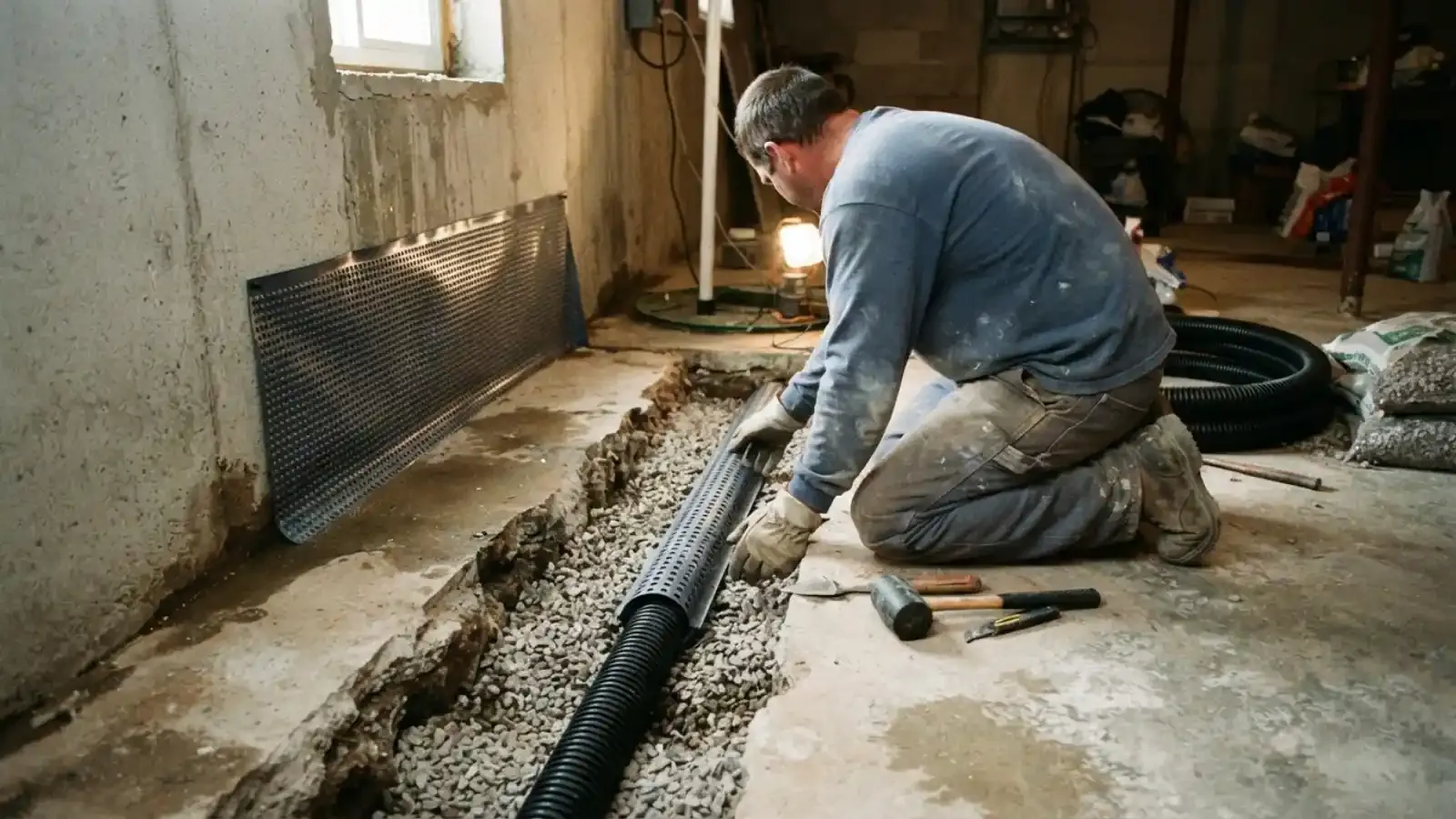 Worker laying a drain pipe in gravel along a basement wall for interior drainage