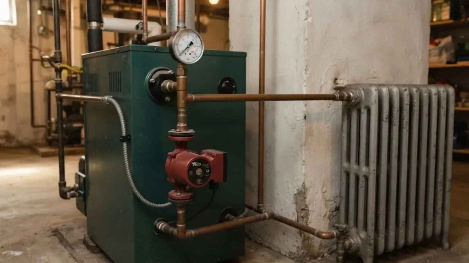Cast iron radiator and a boiler with a pressure gauge and circulator pump in a basement