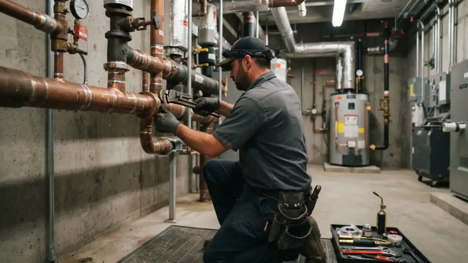Plumber working on copper piping in a commercial mechanical room
