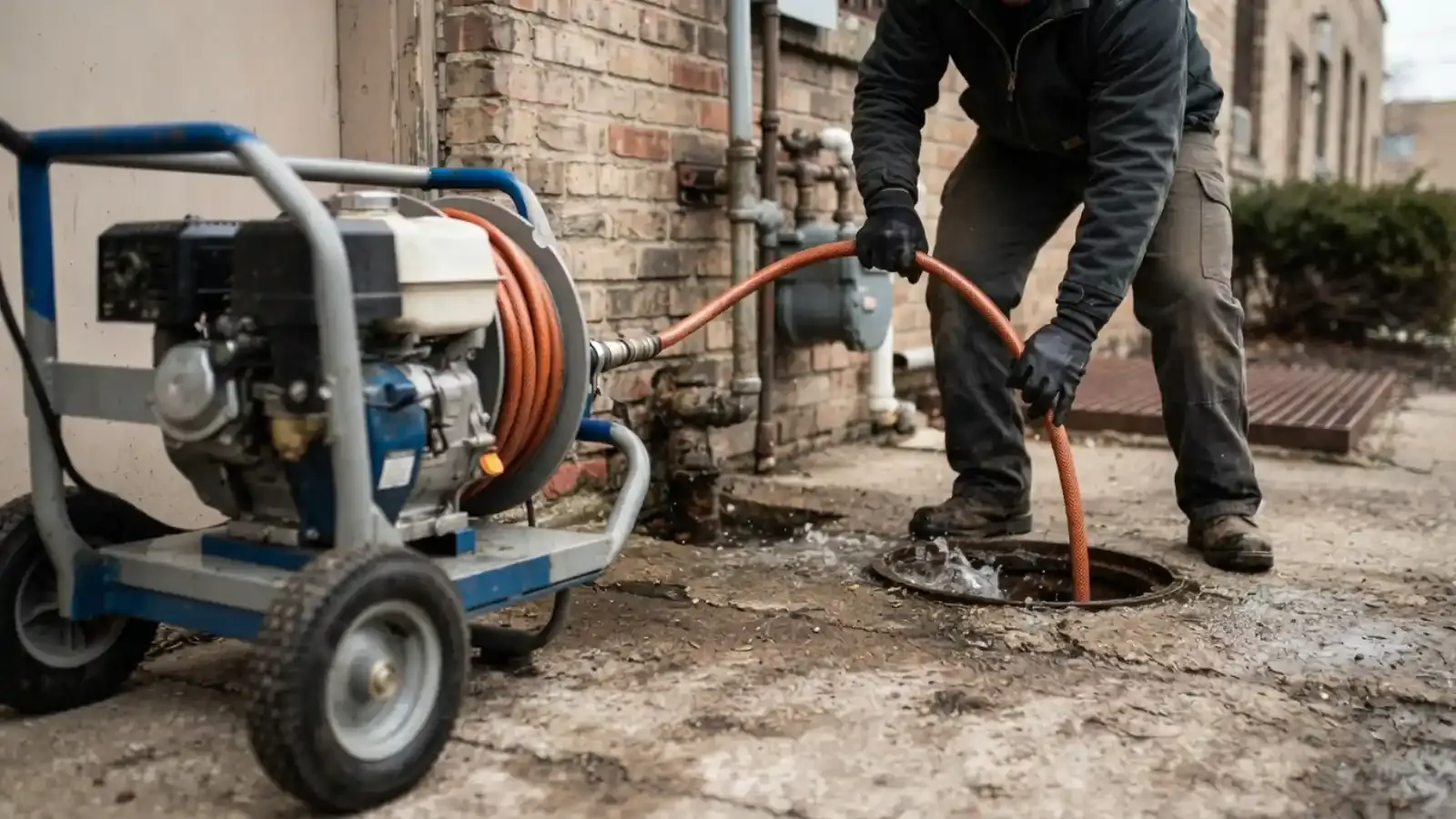 Plumber guiding a hydro jetting hose from a trailer-mounted jetter into a cleanout