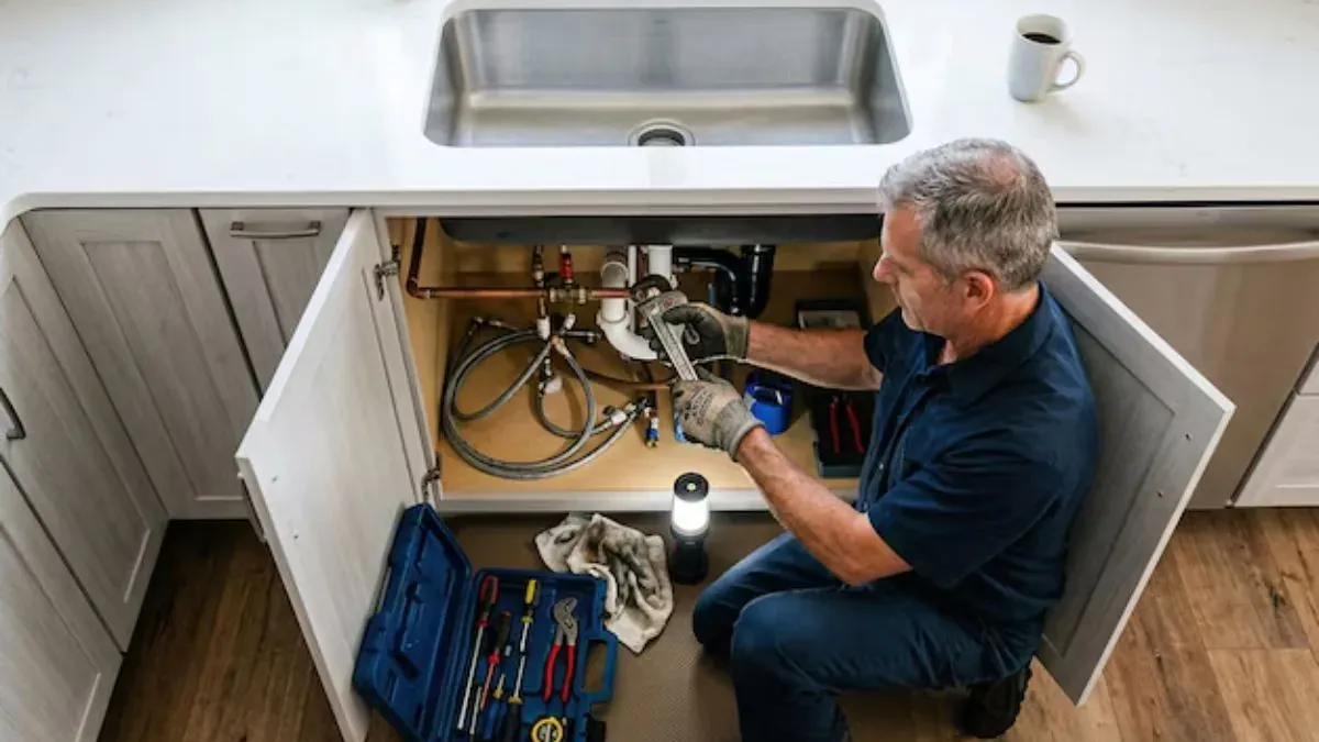Plumber working on fixture connections under a kitchen sink