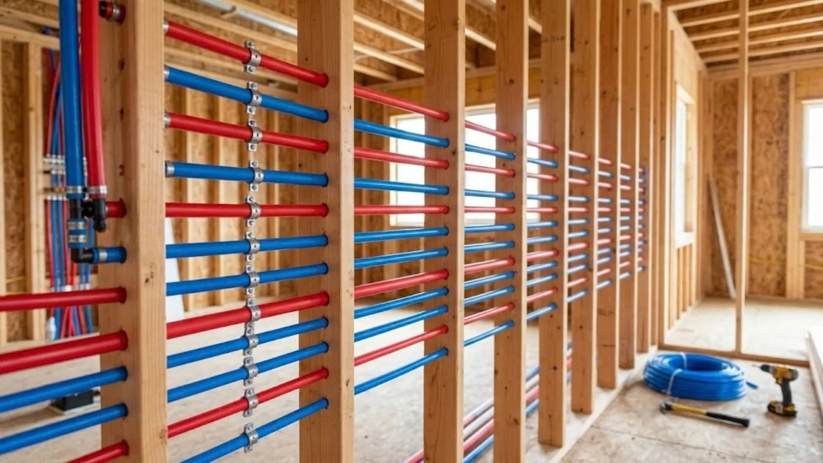 Wall framing with red and blue PEX supply lines run through the studs