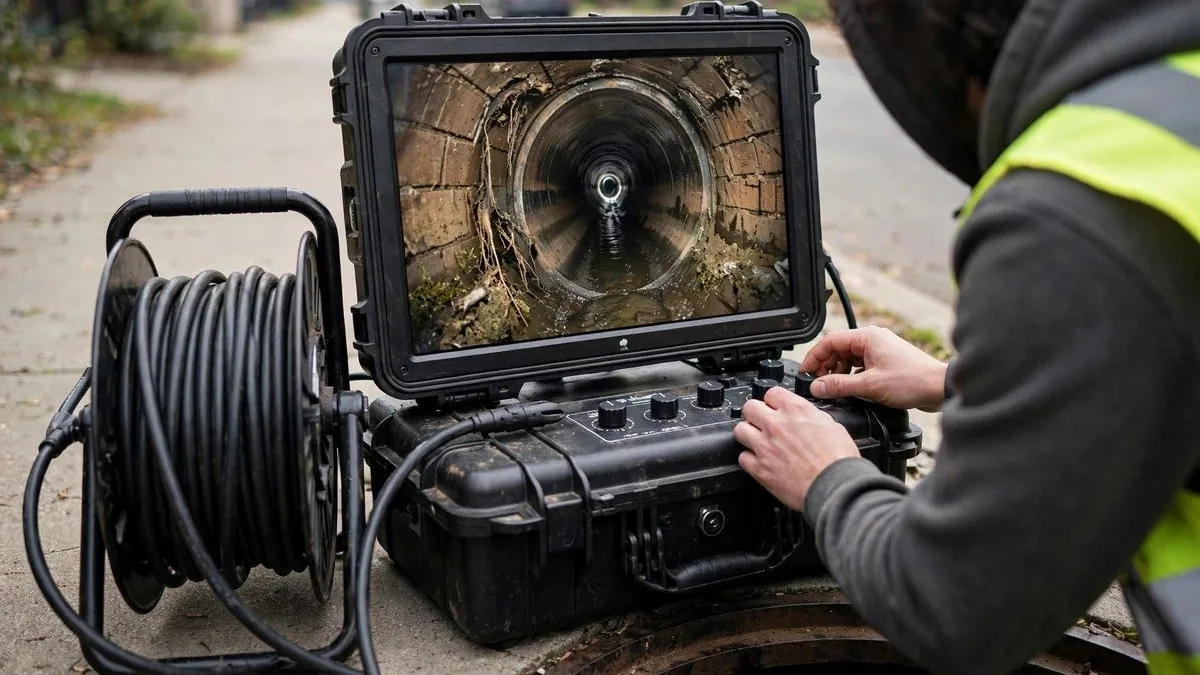 Sewer camera monitor and cable reel set up at a manhole