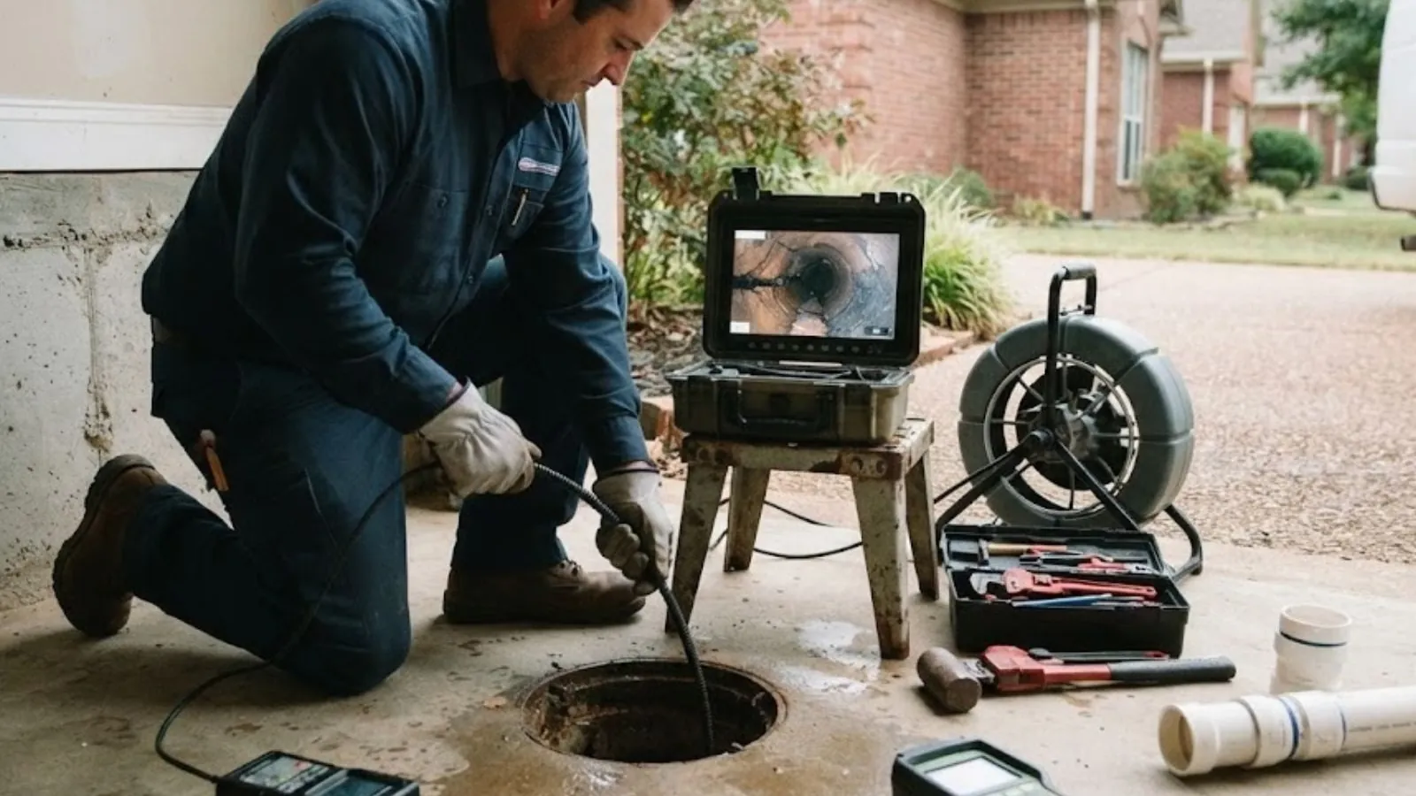 Plumber kneeling at a sewer cleanout with a camera monitor and cable reel