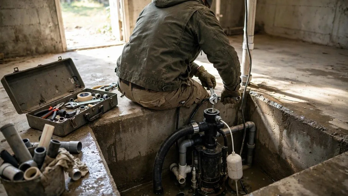 Plumber working on a sump pump in a basement pit