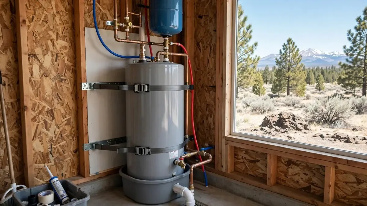 New tank water heater strapped to a wall with copper connections in a utility room