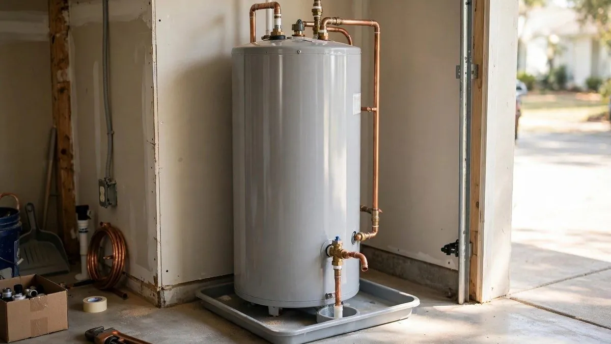 New tank water heater on a drain pan with copper supply lines in a garage